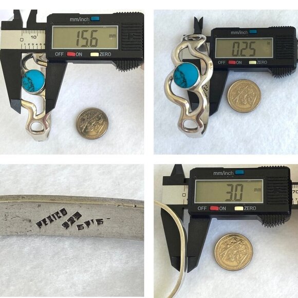 Taxco Sterling Silver Mexico Sandcast Turquoise Modernist Hinged Bangle Bracelet - Picture 9 of 16